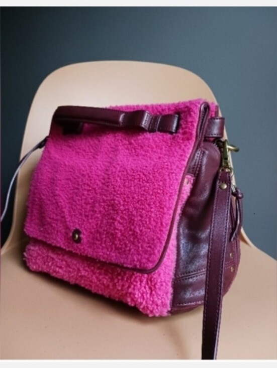 Jerome Dreyfuss Handbags - Jerome Dreyfuss Johan Pink Sherpa/ Burgundy Leather Crossbody Bag.